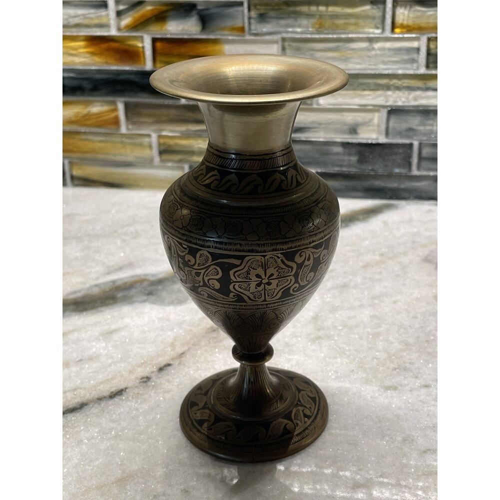 Vintage MCM 1970s Etched Solid Brass Flat Rim Vase 6” Marked India
